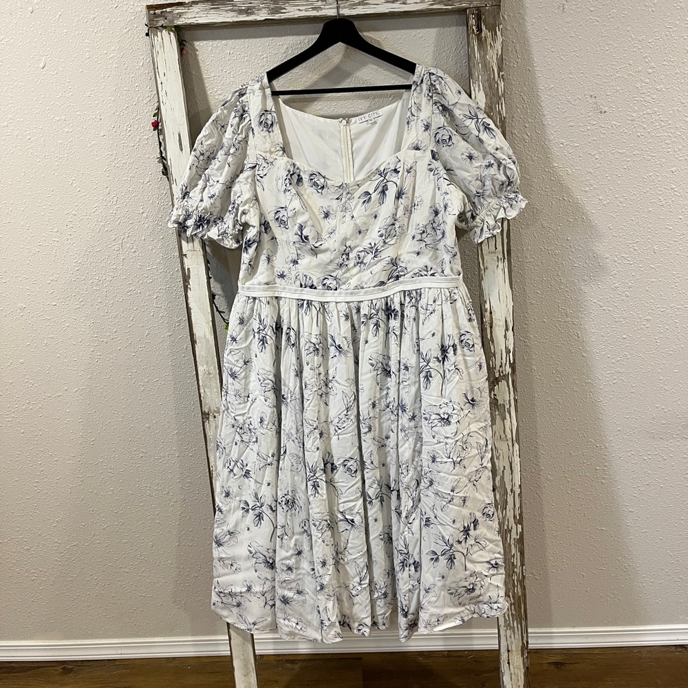 Ivy City Co White Midi Dress with Blue Floral Print